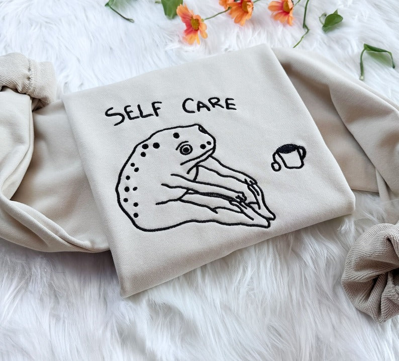 Embroidered Frog Self Care Sweatshirt: Funny Cottagecore Hoodie