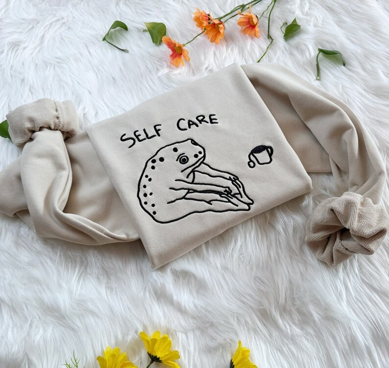 Embroidered Frog Self Care Sweatshirt: Funny Cottagecore Hoodie