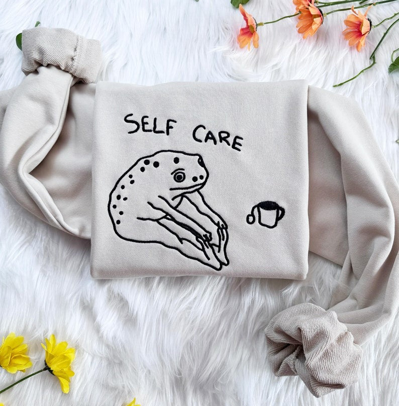 Embroidered Frog Self Care Sweatshirt: Funny Cottagecore Hoodie