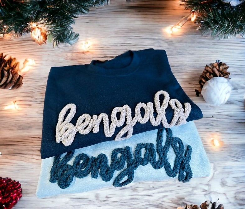 Bengals Chenille Yarn Embroidered Sweatshirt | Custom Team Spirit Crewneck | Fuzzy Letters | Cheer Mom Gift
