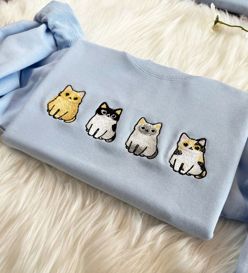 Embroidered Cute Cats Sweatshirt | Cat Lover Crew Neck