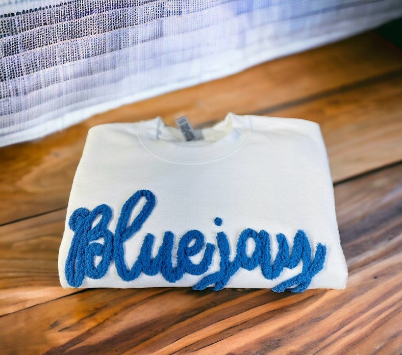 Bluejay Chenille Yarn Embroidered Sweatshirt | Custom Team Spirit Crewneck | Fuzzy Letters | Cheer Mom Gift