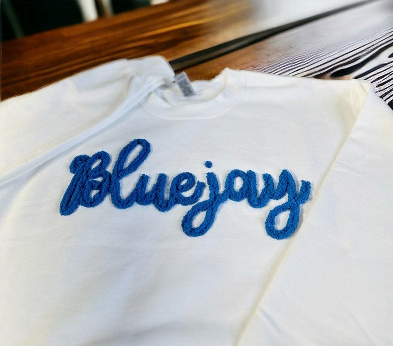 Bluejay Chenille Yarn Embroidered Sweatshirt | Custom Team Spirit Crewneck | Fuzzy Letters | Cheer Mom Gift