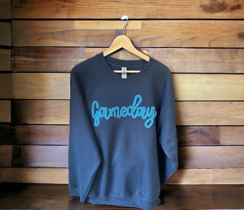 Lions Chenille Yarn Embroidered Sweatshirt | Detroit Crewneck | Fuzzy Letters | Game Day Team Spirit Gift