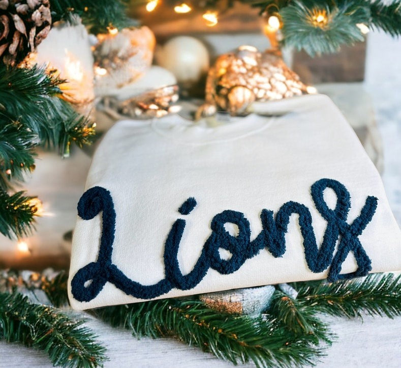 Lions chenille yarn embroidery sweatshirt, team spirit, school spirit, crewneck sweatshirt, Lions sweatshirt, custom made, cheer mom, fuzzy