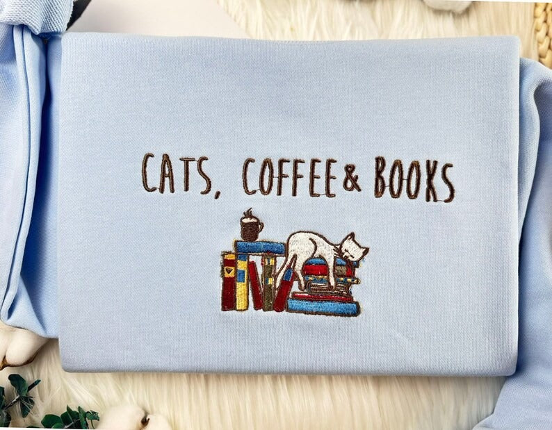 Embroidered Cat Book Sweatshirt: Coffee Lover Crew Neck