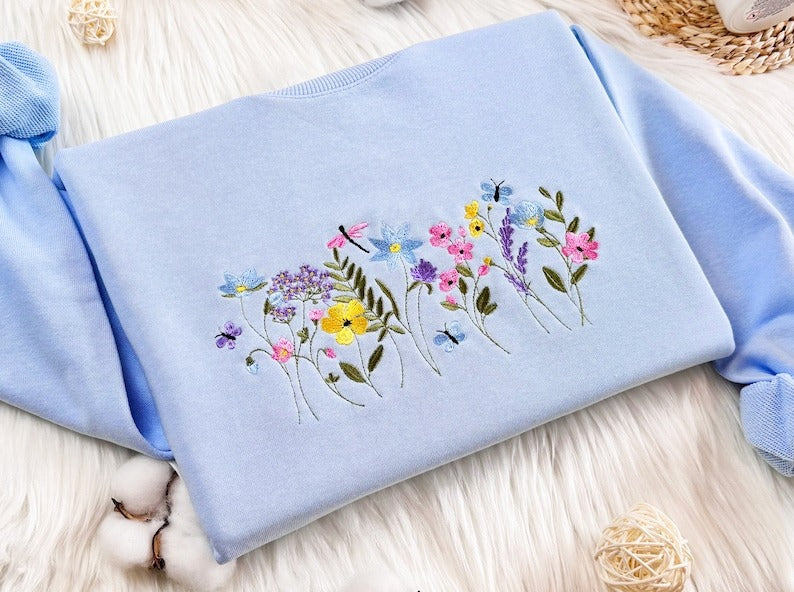 Embroidered Wildflower Sweatshirt: Butterfly Dragonfly Botany Design