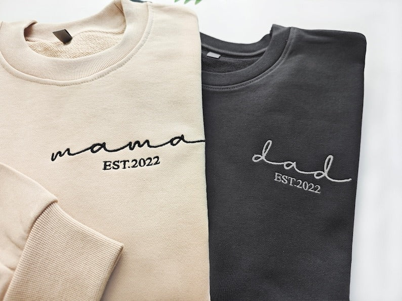 Customized Mama,Dad(Grandpa, grandma) Embroidered Sweatshirt with Date and Name on Sleeve,Gift for New Mom and Dad,Personalized Sweatshirt