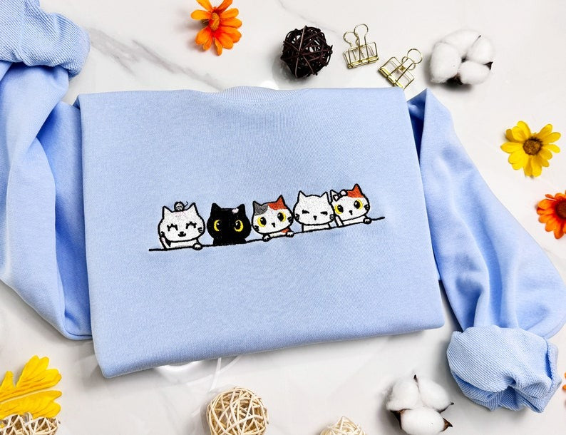 Embroidered Cat Family Sweatshirt | Cute Cat Lover Crew Neck