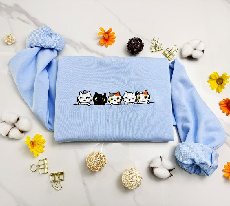 Embroidered Cat Family Sweatshirt | Cute Cat Lover Crew Neck