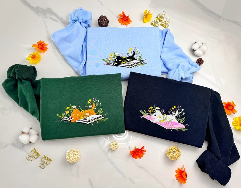 Embroidered Cat Sweatshirt: Book Lover, Floral Design