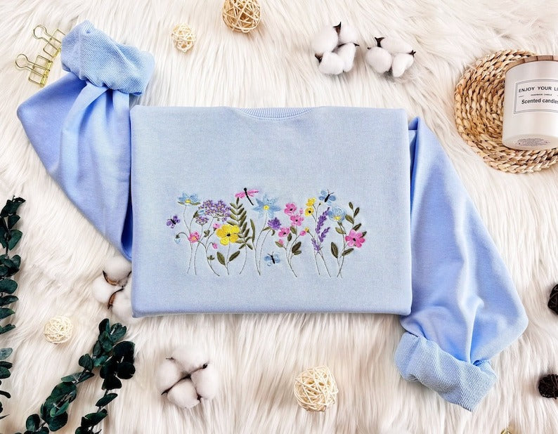 Embroidered Wildflower Sweatshirt: Butterfly Dragonfly Botany Design