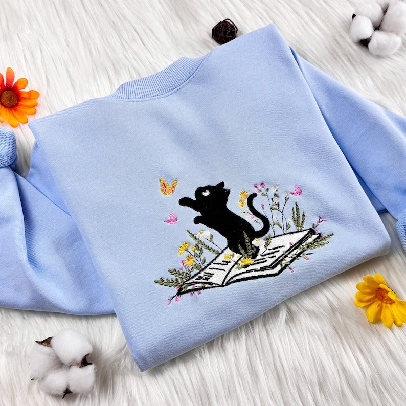 Embroidered Cat Sweatshirt: Book & Butterfly Design, Unisex