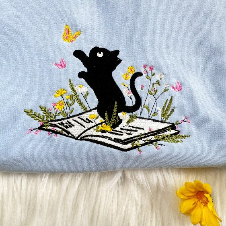 Embroidered Cat Sweatshirt: Book & Butterfly Design, Unisex