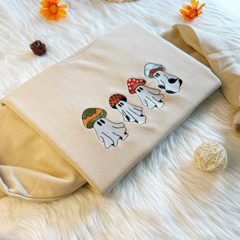 Mushroom Ghost Embroidered Sweatshirt: Halloween Unisex Hoodie