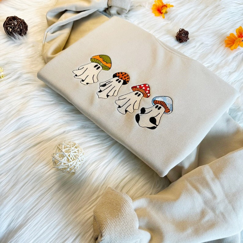 Mushroom Ghost Embroidered Sweatshirt: Halloween Unisex Hoodie