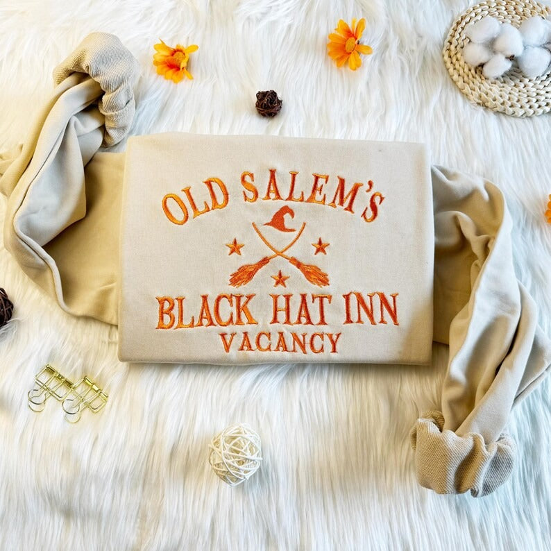 Embroidered Salem Witch Hat Sweatshirt: Halloween Cotton Top