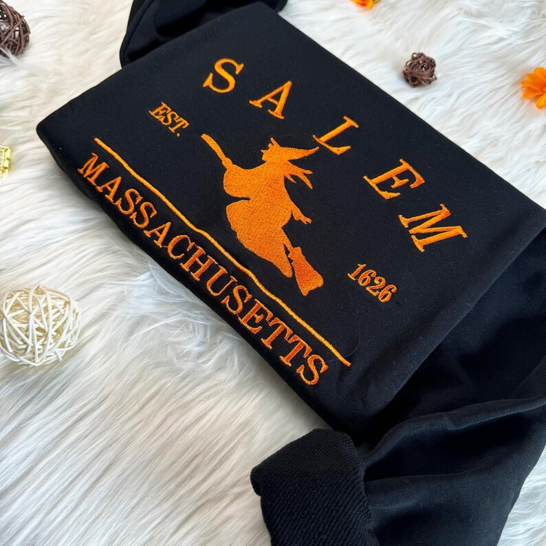 Salem Witch Embroidered Sweatshirt: Halloween Massachusetts Crew Neck