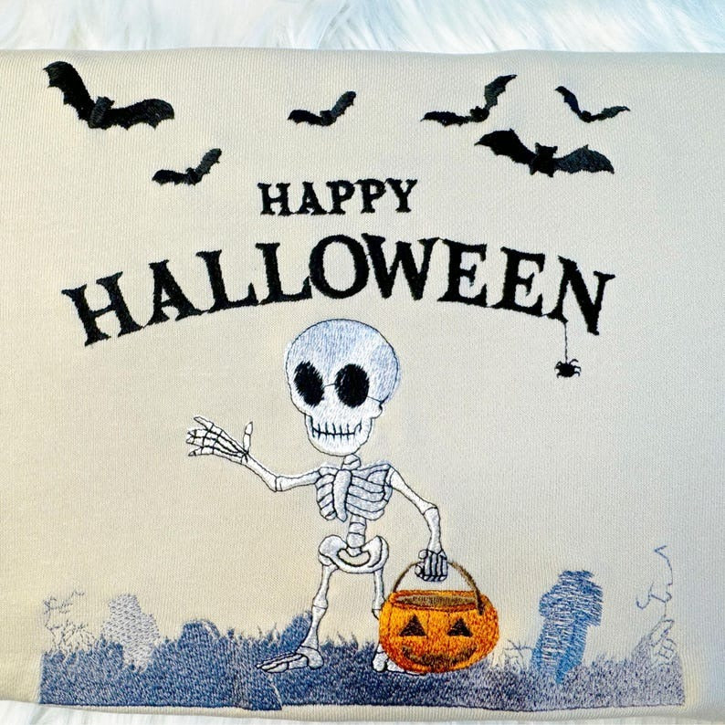 Embroidered Halloween Skeleton Sweatshirt, Pumpkin Lantern, Unisex