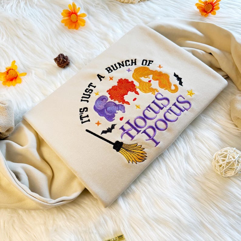 Embroidered Hocus Pocus Sweatshirt: Halloween Witch Crew Neck, 100% Cotton Unisex Sweatshirt