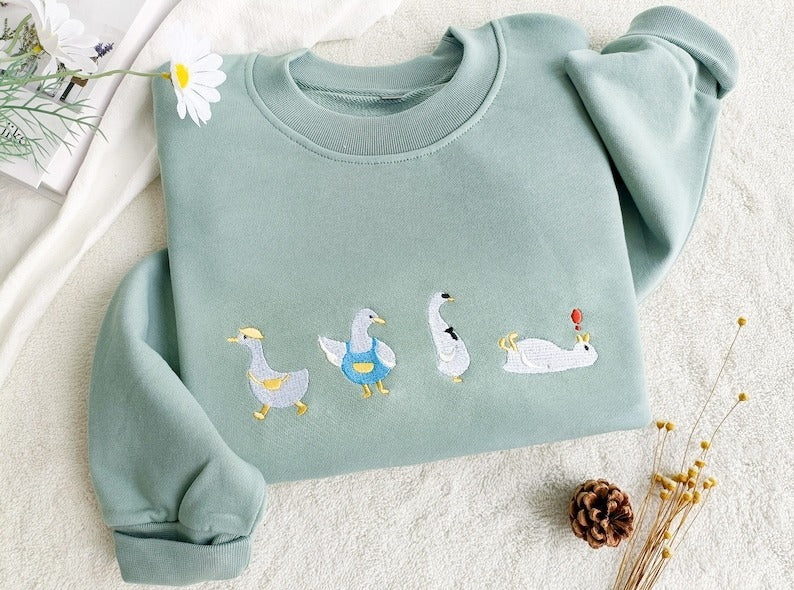 Cute Embroidered Duck Sweatshirt,Funny Duck Shirt,Embroidered Goose Crewneck Sweatshirt,Animal Lover Gift