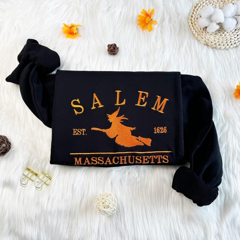 Salem Witch Embroidered Sweatshirt: Halloween Massachusetts Crew Neck