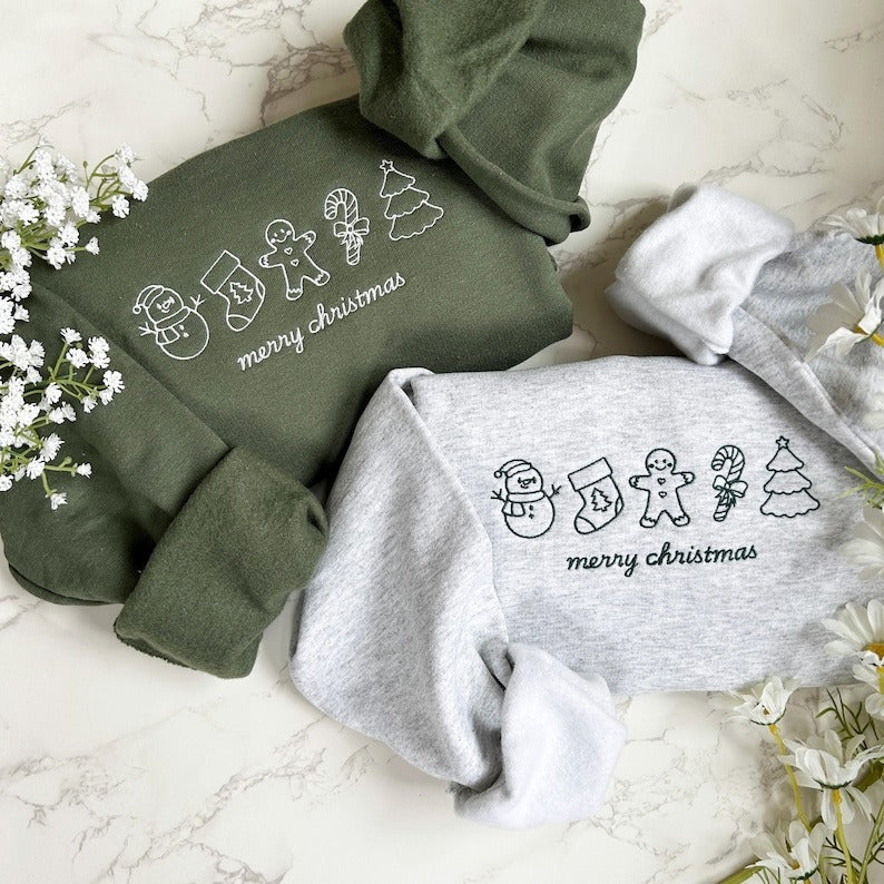 Embroidered Merry Christmas Sweatshirt, Embroidered Christmas Crewneck Sweatshirt, Embroidered Gingerbread Sweater, Custom Xmas Gift