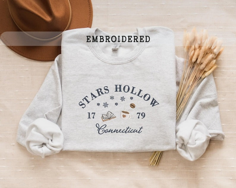 Embroidered Stars Hollow Connecticut Sweatshirt, Cozy Winter Sweatshirt, Stars Hollow Crewneck, Autumn Embroider Sweater, Reader Book Shirt