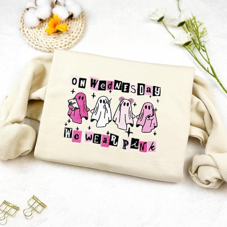 Embroidered Halloween Sweatshirt: On Wednesday We Wear Pink Ghost Crewneck