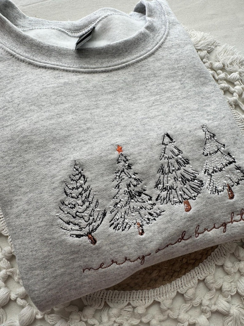 Merry & Bright Christmas Tree Embroidered Crewneck Sweatshirt - 4 Christmas Trees