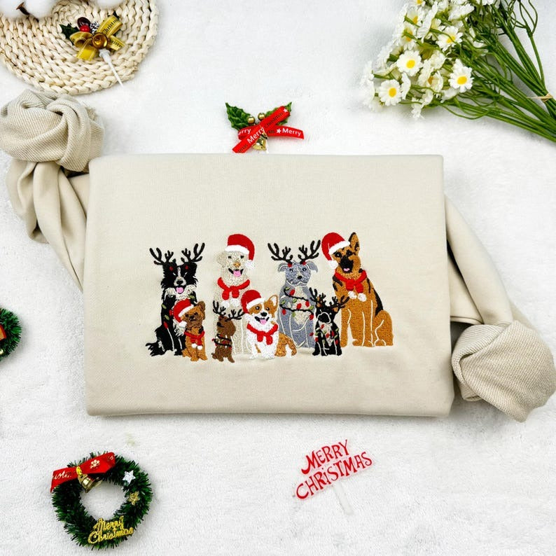 Christmas Dog Family Embroidered Sweatshirt – Unisex Holiday Crewneck, Matching Family Christmas Sweater, Dog Lover Gift