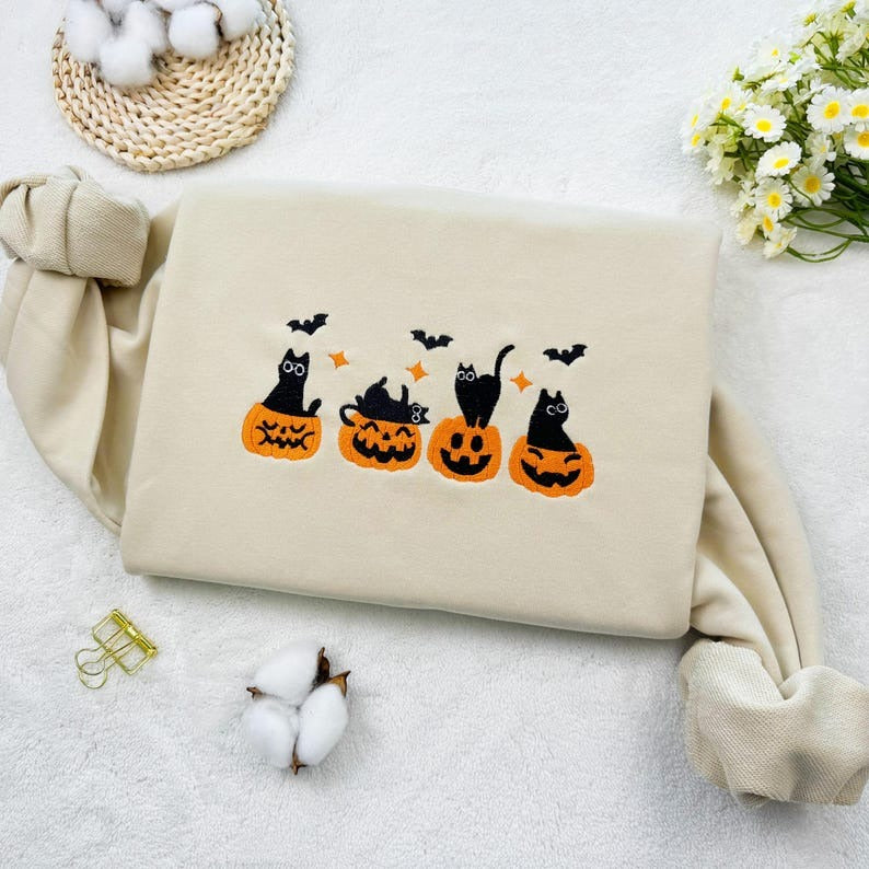 Embroidered Cat Pumpkin Halloween Sweatshirt: Unisex Cotton Crew Neck