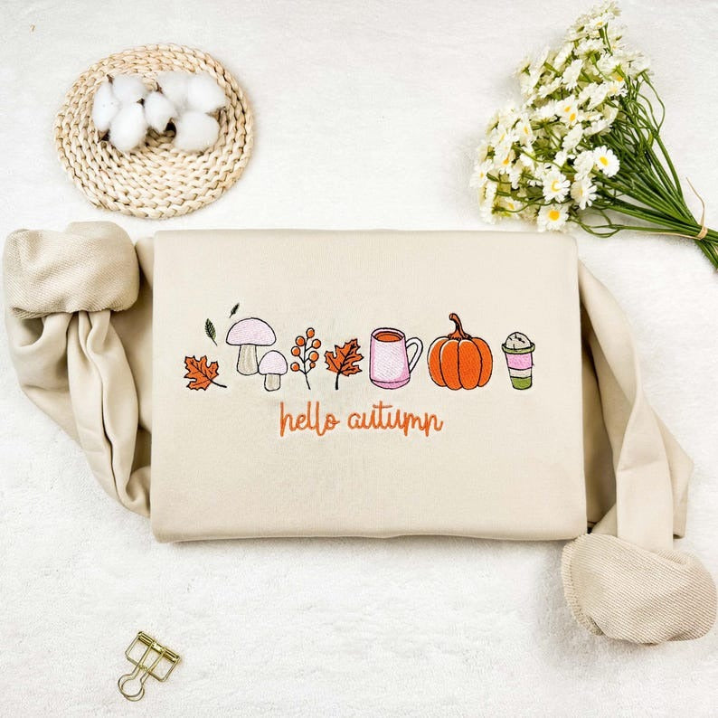 Embroidered Autumn Sweatshirt: Pumpkin, Tea, Ice Cream Design