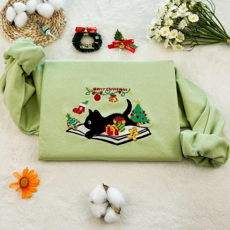 Christmas Cat Embroidered Sweatshirt, Unisex Crew Neck, Cat Lover Gift
