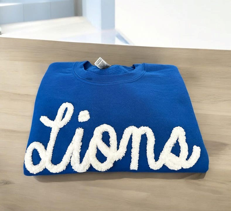 Lions chenille yarn embroidery sweatshirt, team spirit, school spirit, crewneck sweatshirt, Lions sweatshirt, custom made, cheer mom, fuzzy