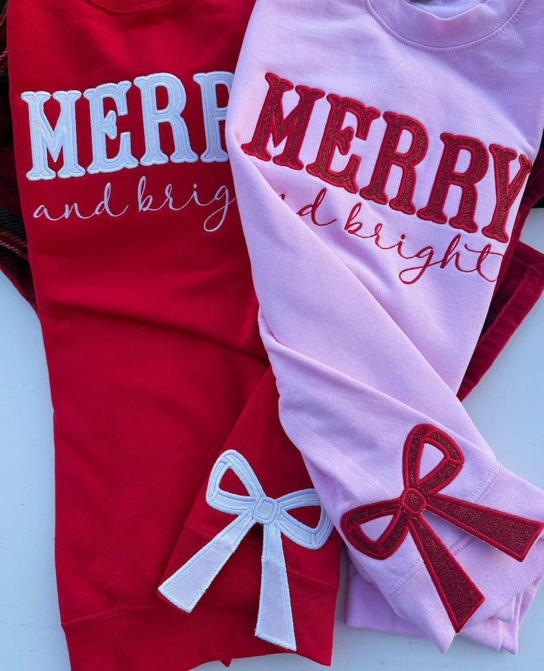 Merry and Bright Embroidered Bow Sweatshirt / Side Bow Applique Sweatshirt / Christmas Bow Sweatshirt / Glitter Christmas Sweatshirt