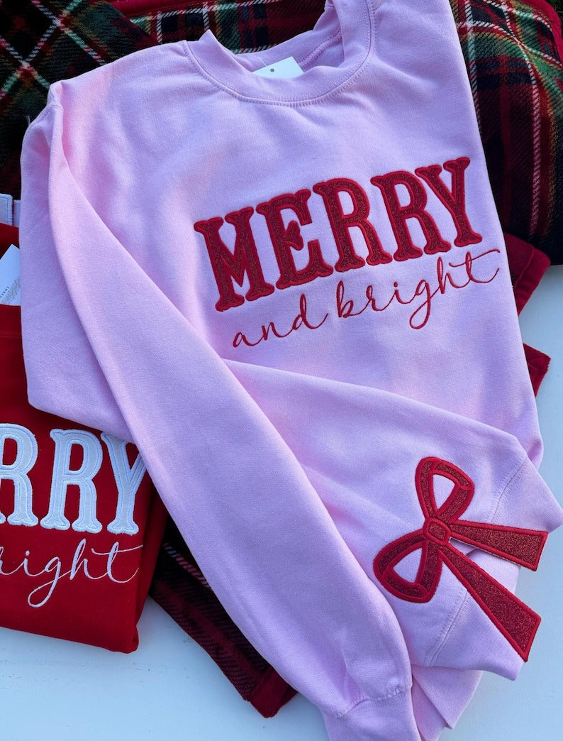 Merry and Bright Embroidered Bow Sweatshirt / Side Bow Applique Sweatshirt / Christmas Bow Sweatshirt / Glitter Christmas Sweatshirt