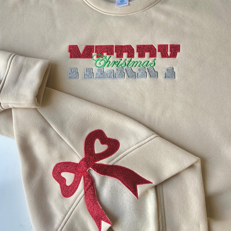 Embroidered Glittered Merry Christmas Sweatshirt, Youth Ribbon Side Cut-Out Sweater, Unisex Cotton Colorful Coquete Bow
