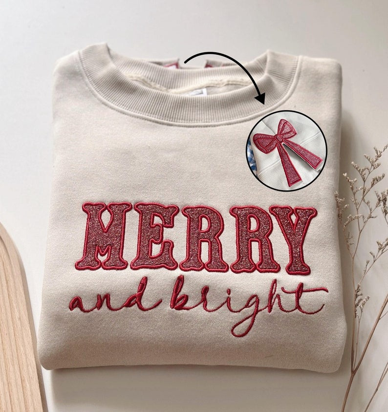Merry & Bright Embroidered Bow Christmas Sweatshirt