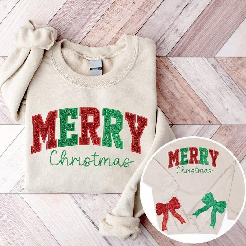 Merry and Bright Embroidered Side Bow Sweatshirt, Side Bow Applique Sweatshirt, Side Bow Applique Sweatshirt Christmas, Trendy Coquette Bow
