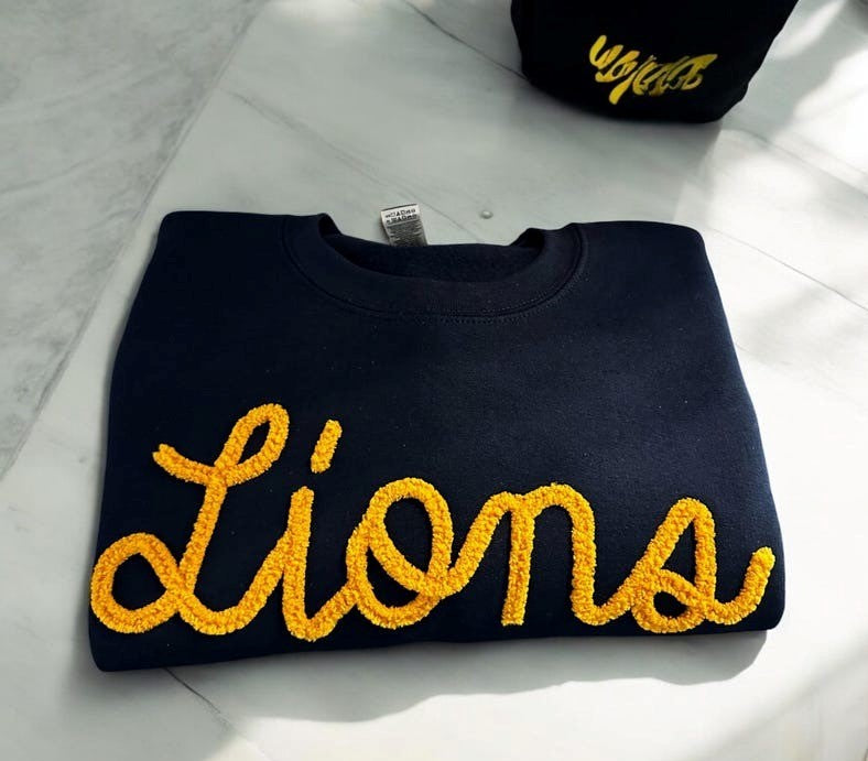 Lions Chenille Yarn Embroidered Sweatshirt | Detroit Crewneck | Fuzzy Letters | Game Day Team Spirit Gift