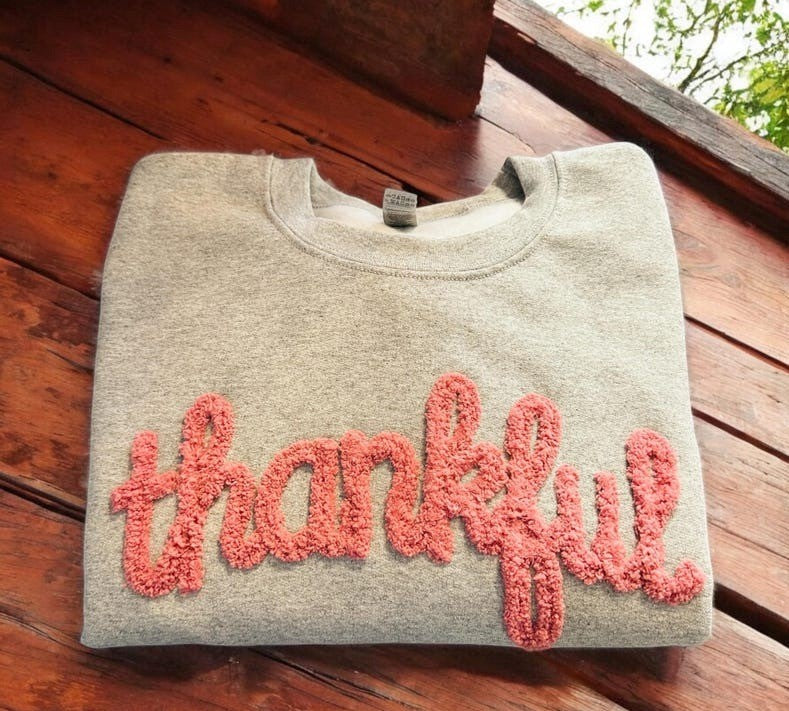 Thankful Chenille Yarn Embroidered Sweatshirt | Thanksgiving Crewneck | Fuzzy Letters | Cozy Fall Gift for Her
