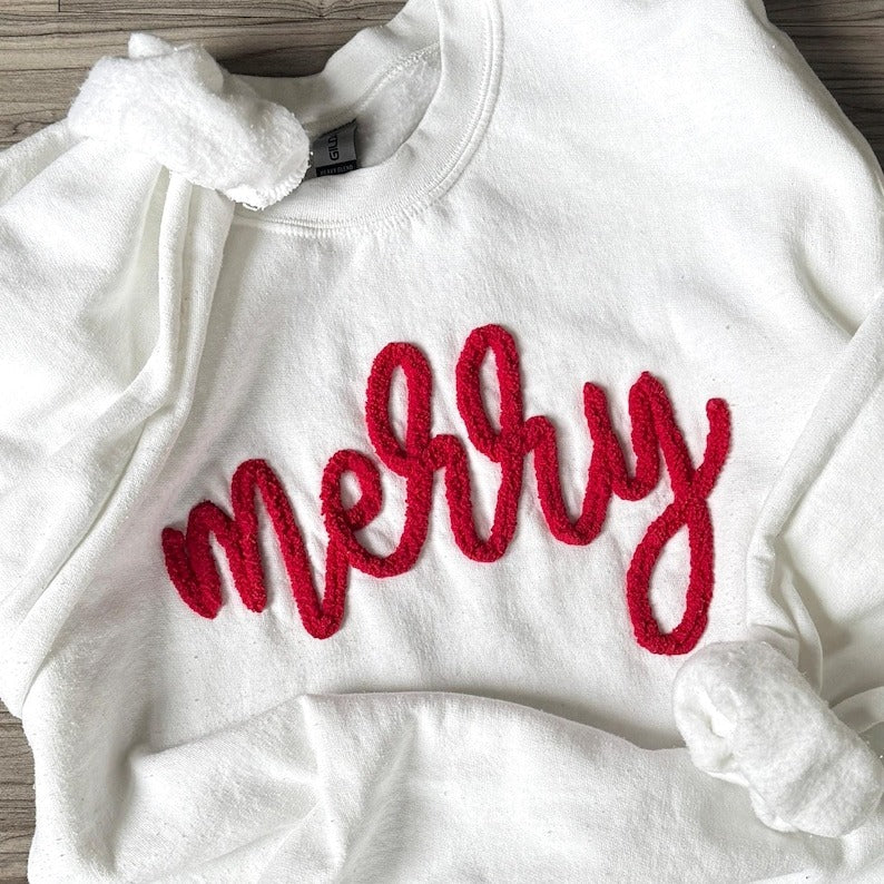 Merry Christmas Sweatshirt: Chenille Yarn Embroidered Crewneck