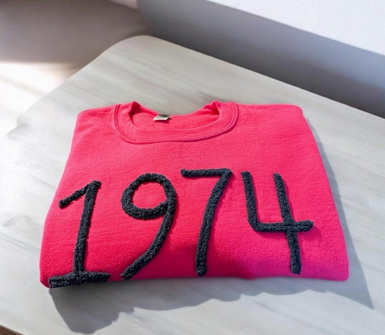 1974 Chenille Yarn Embroidered Sweatshirt | Fuzzy Numbers Crewneck | Custom Year Pullover | Gift for Her