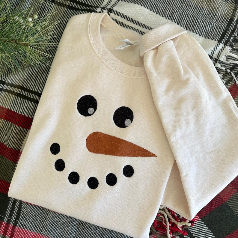 Embroidered Snowman Adult Sweatshirt - Holiday Sweater for Women - Cute Christmas Crewneck - Frosty - Holiday Christmas Pullover