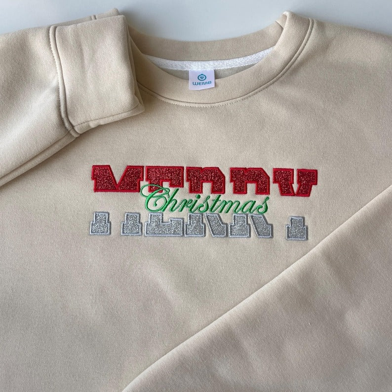 Embroidered Glittered Merry Christmas Sweatshirt, Youth Ribbon Side Cut-Out Sweater, Unisex Cotton Colorful Coquete Bow