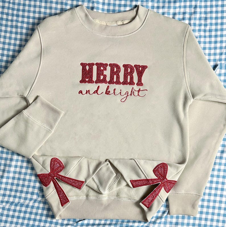 Merry & Bright Embroidered Bow Christmas Sweatshirt