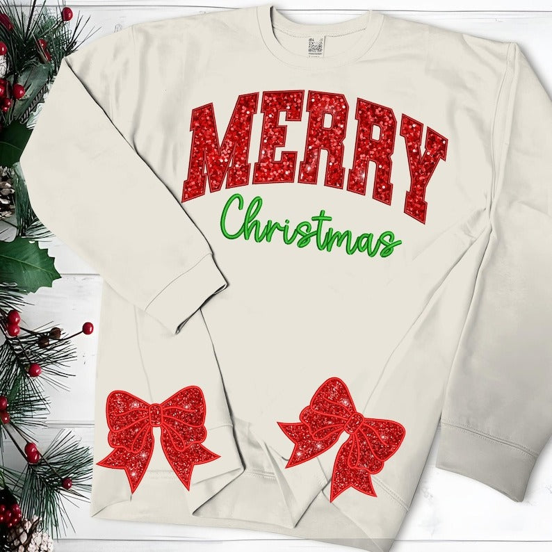 Merry Christmas Side Bow Cut-Out Sweatshirt Embroidery Side Bow Appliqué Sweatshirt Embroidery Design, Glitter Bow Christmas Embroidery File