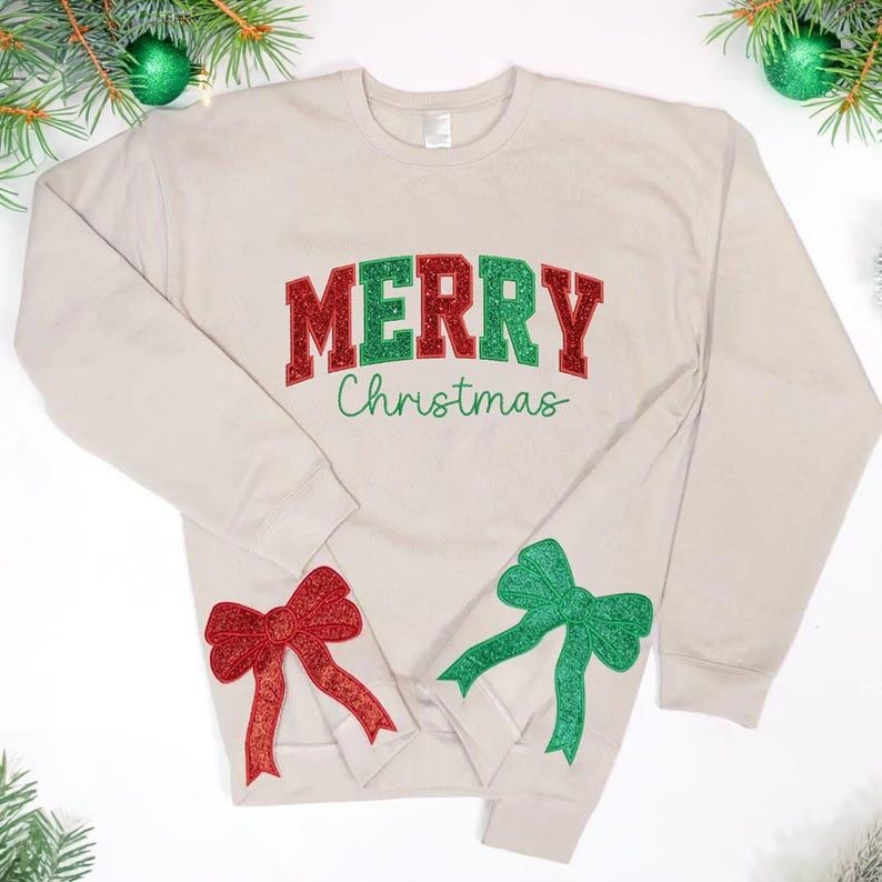 Merry and Bright Embroidered Side Bow Sweatshirt, Side Bow Applique Sweatshirt, Side Bow Applique Sweatshirt Christmas, Trendy Coquette Bow