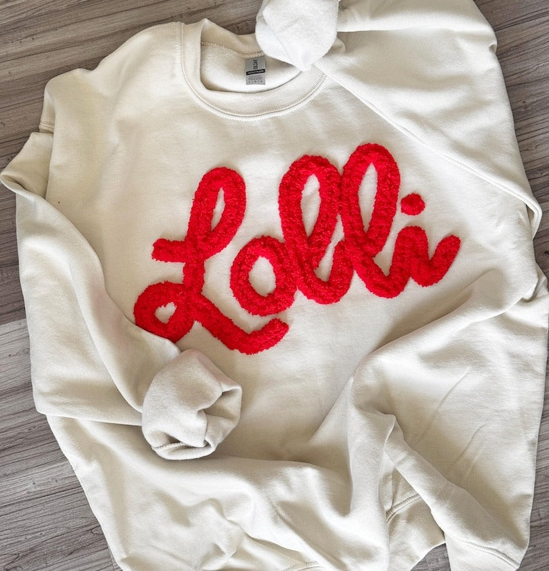 Lolli Chenille Yarn Sweatshirt: Embroidered Grandma Crewneck